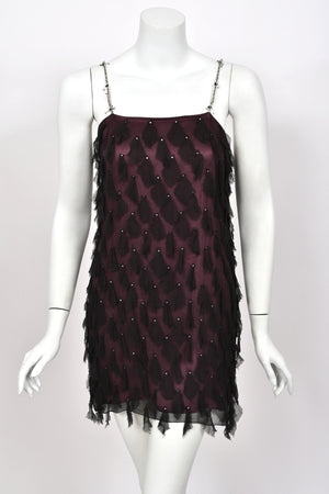 1998 Versace Runway Purple & Black 'Petal' Silk Chiffon Crystal-Straps Mini Dress