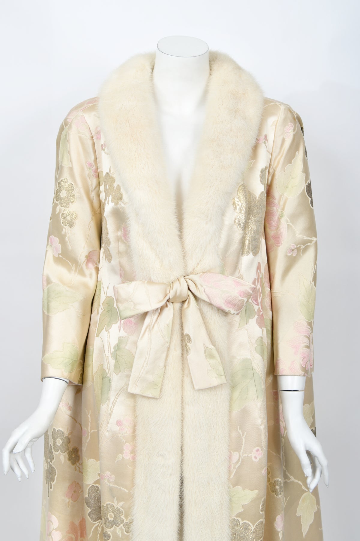 1965 Nina Ricci Haute Couture Documented Pink Silk-Brocade &amp; Mink Fur Maxi Coat