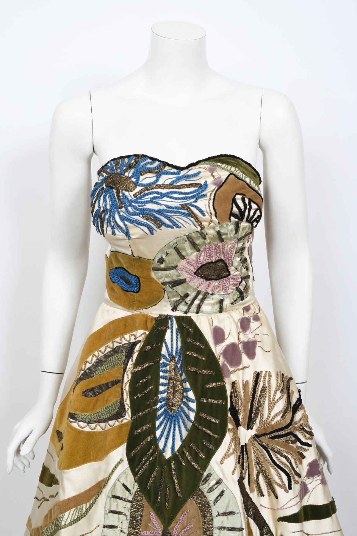 1950's Emilio Schuberth Italian Couture 'Under The Sea' Motif Satin Gown