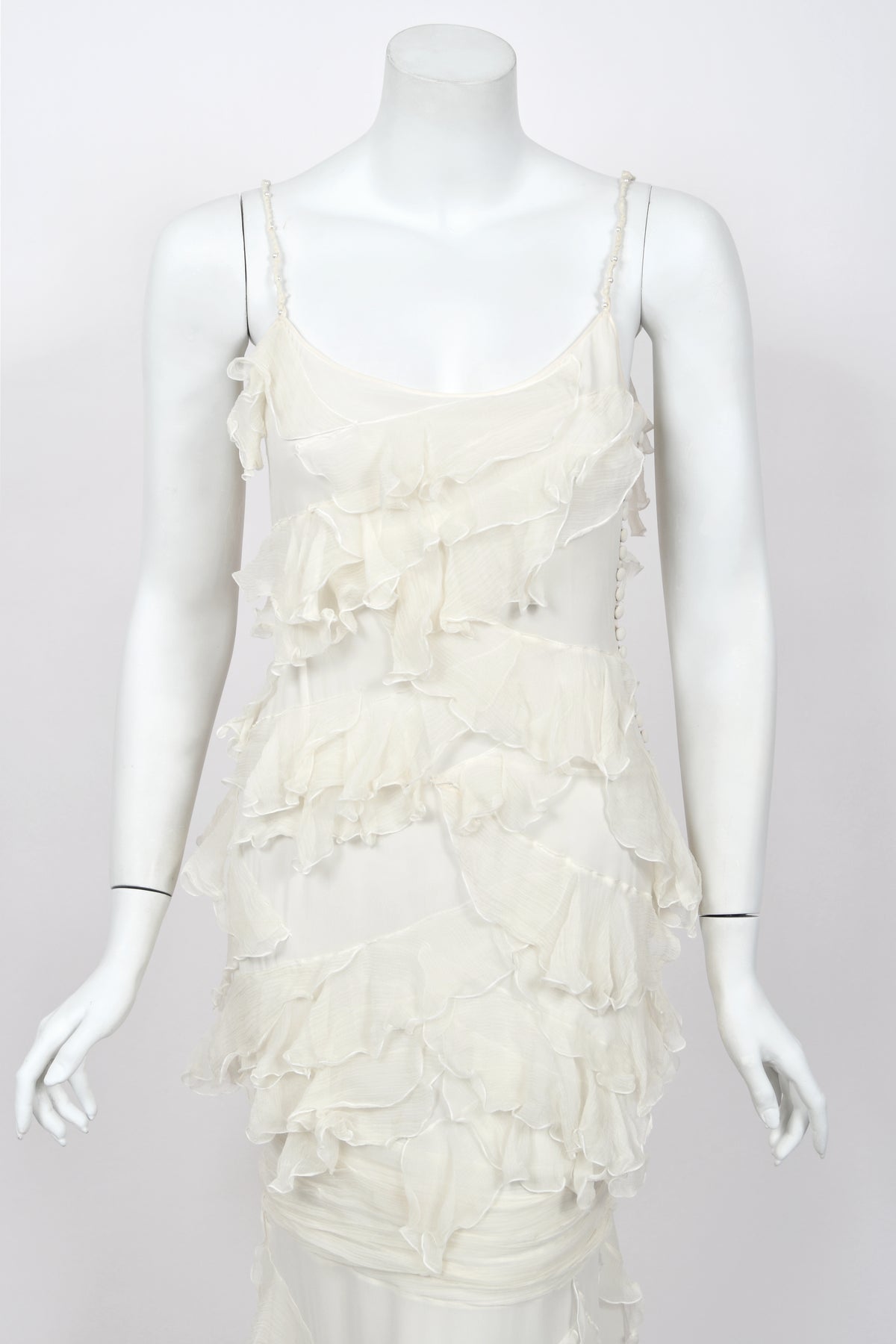 2006 John Galliano Ivory Tiered Ruffle Sheer Silk Chiffon Pearl Straps Bias-Cut Slip Gown