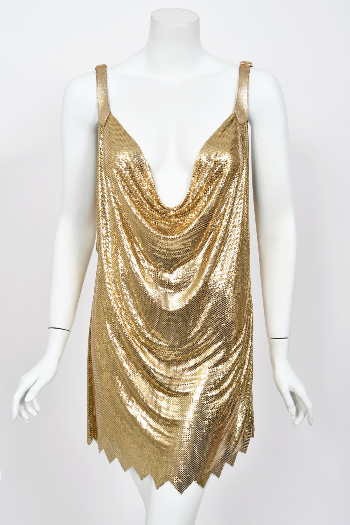 1994 Gianni Versace Iconic Gold Metal-Mesh Chainmail &amp; Leather Draped Mini Dress