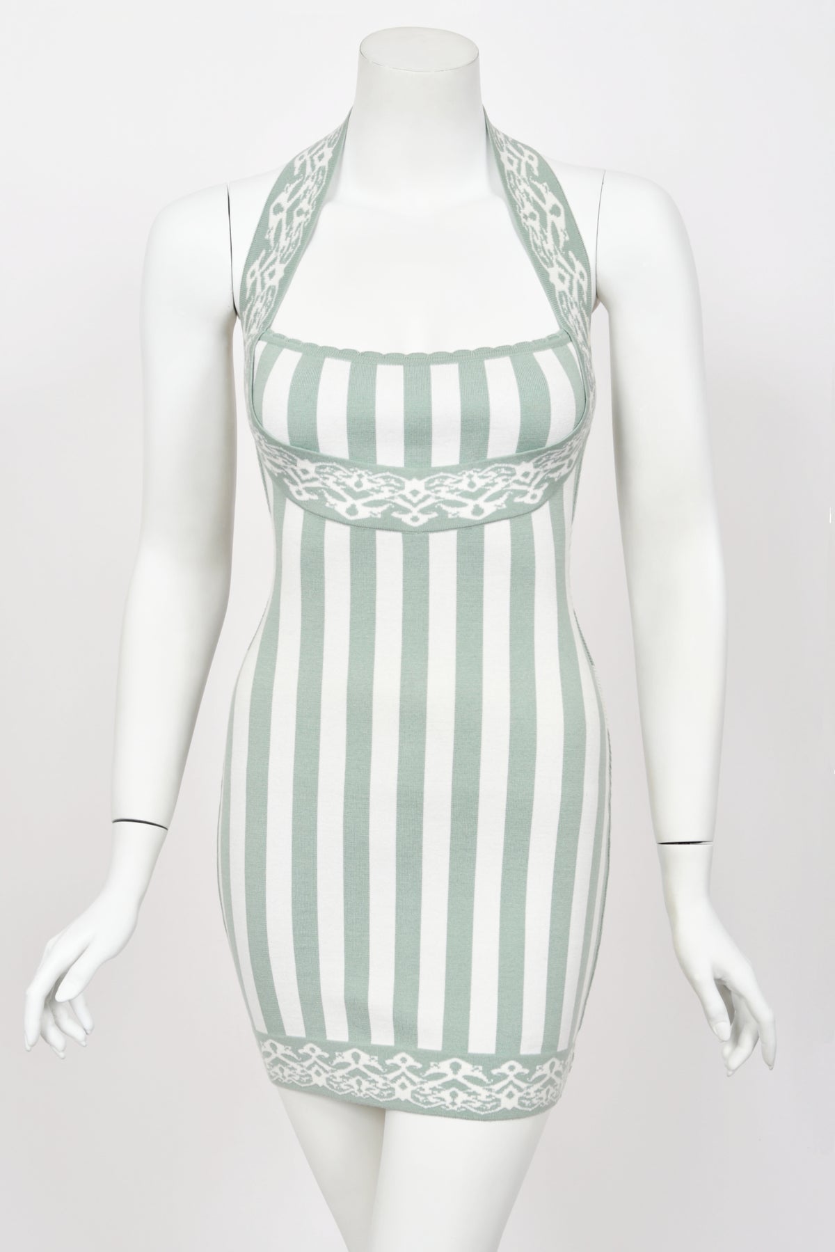 1992 Azzedine Alaia Runway Mint &amp; Ivory Striped Stretch Knit Halter Bodycon Mini Dress