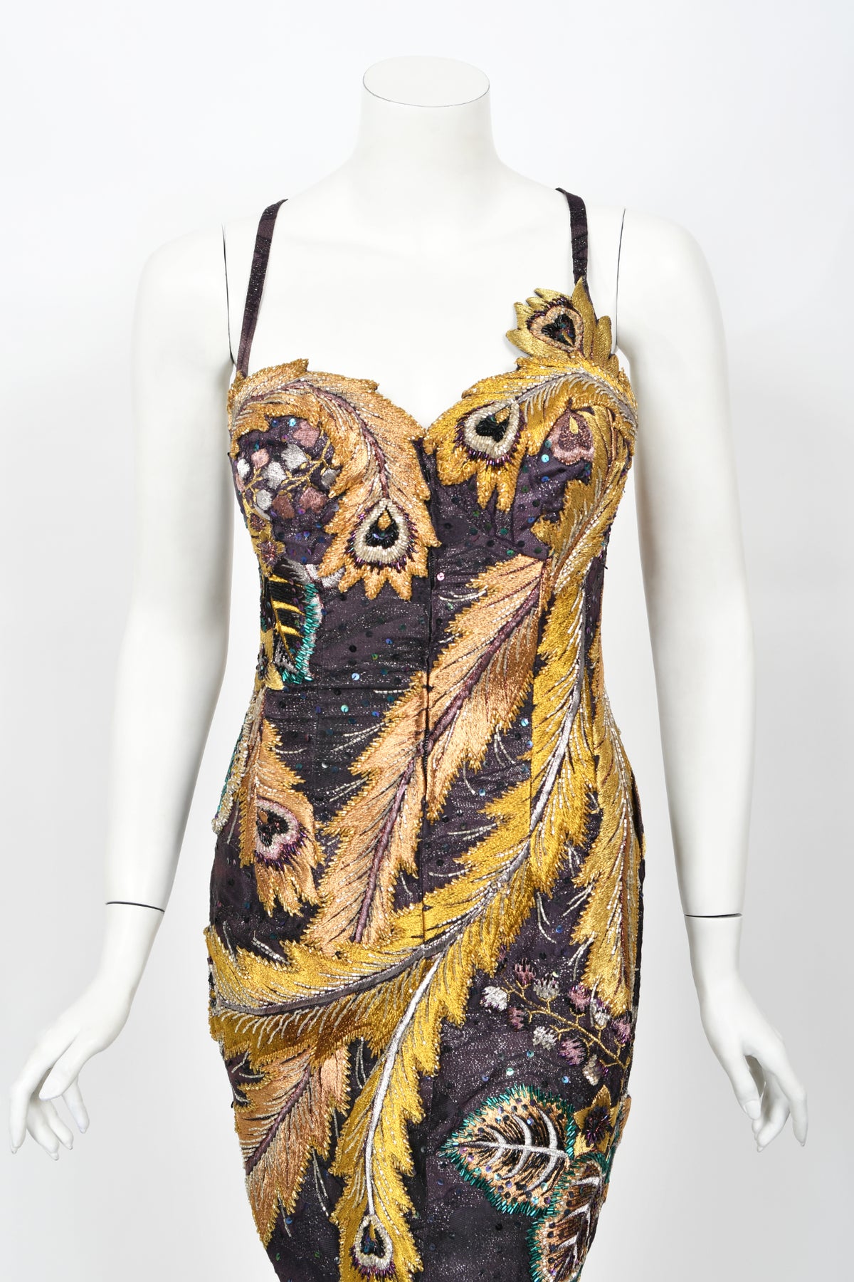 1970&#39;s Embroidered Peacock Motif Beaded Silk Couture Dance Dress