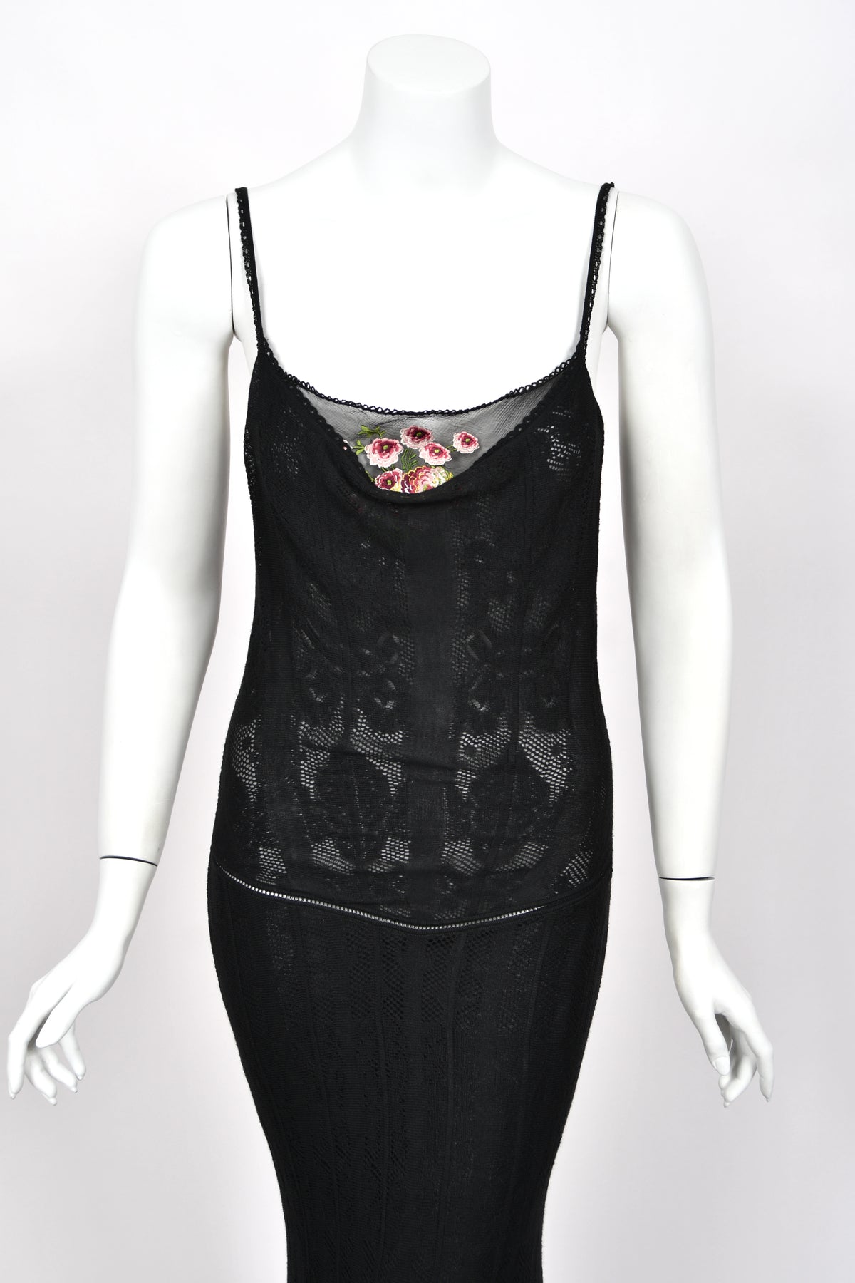 2003 John Galliano Embroidered Floral Sheer Black Pointelle Stretch Knit Bias-Cut Gown
