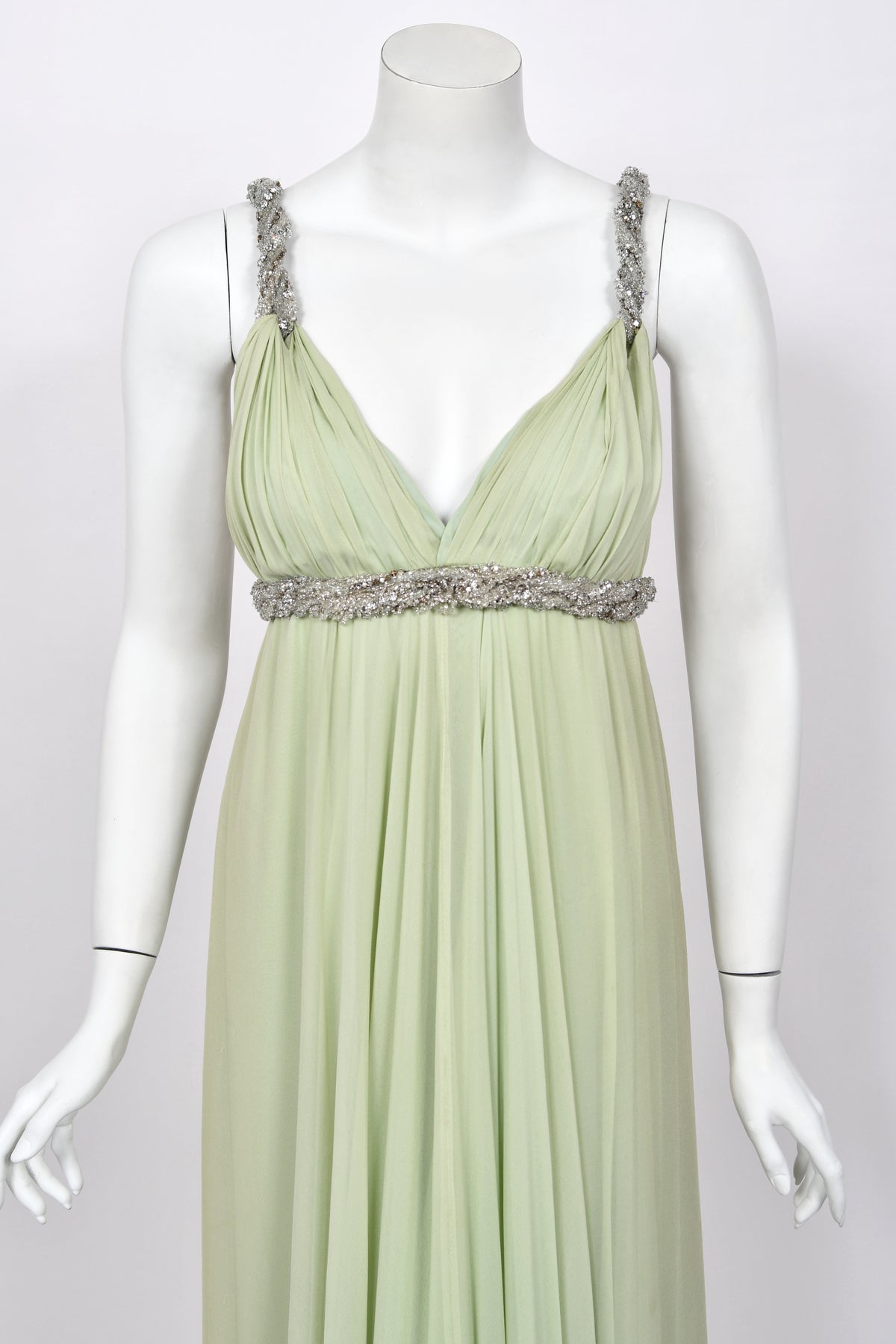 1965 Sarmi Couture Seafoam Green Jeweled Silk Chiffon Empire Plunge Grecian Gown