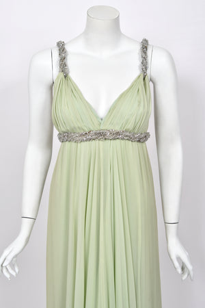1965 Sarmi Couture Seafoam Green Jeweled Silk Chiffon Empire Plunge Grecian Gown