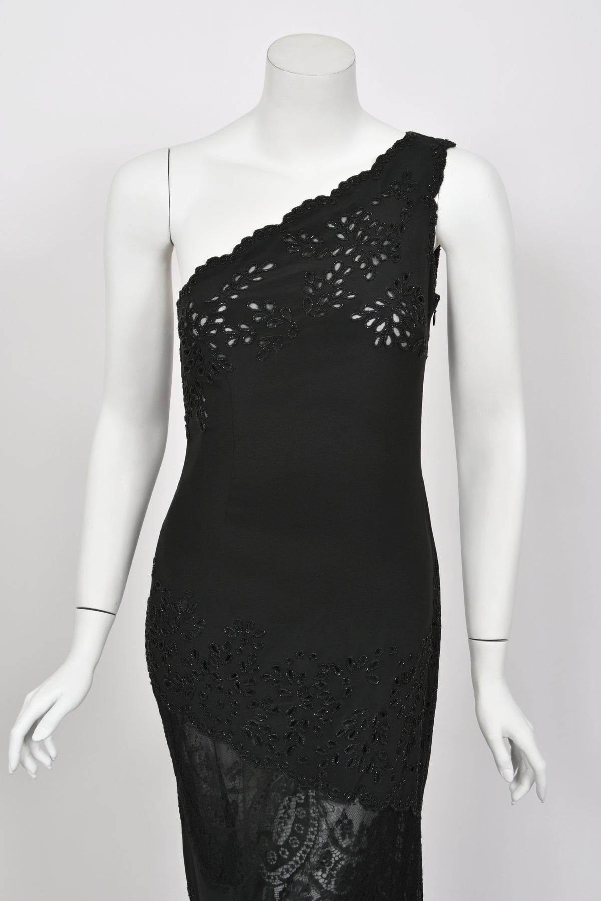 1998 Valentino Runway Black Beaded Cut-Out Silk &amp; Sheer Lace Bias-Cut Gown