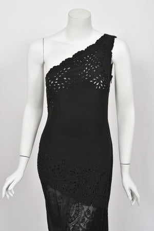 1998 Valentino Runway Black Beaded Cut-Out Silk & Sheer Lace Bias-Cut Gown