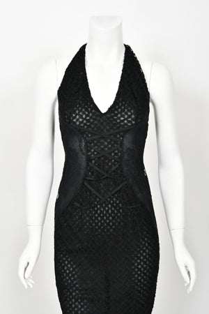 2002 Versace Couture Black Semi-Sheer Lace & Silk Fishnet Halter Hourglass Gown