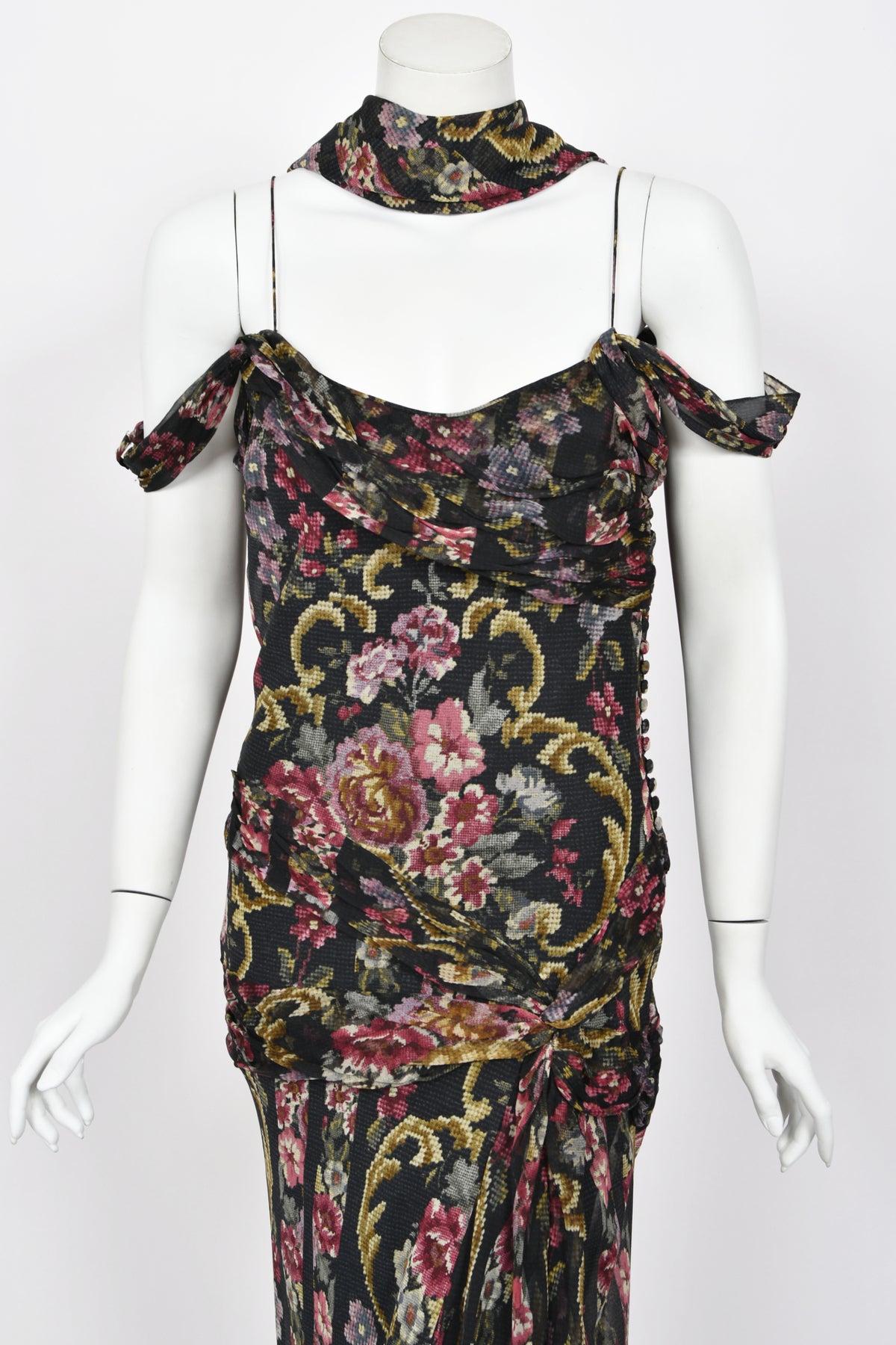 2004 John Galliano Needlepoint Floral Print Silk Bias-Cut Gown w/ Matching Scarf