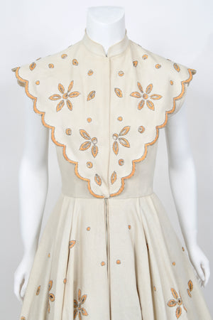 1949 Jacques Fath Attributed Haute Couture Embroidered Beaded Eyelet Cream Linen Gown