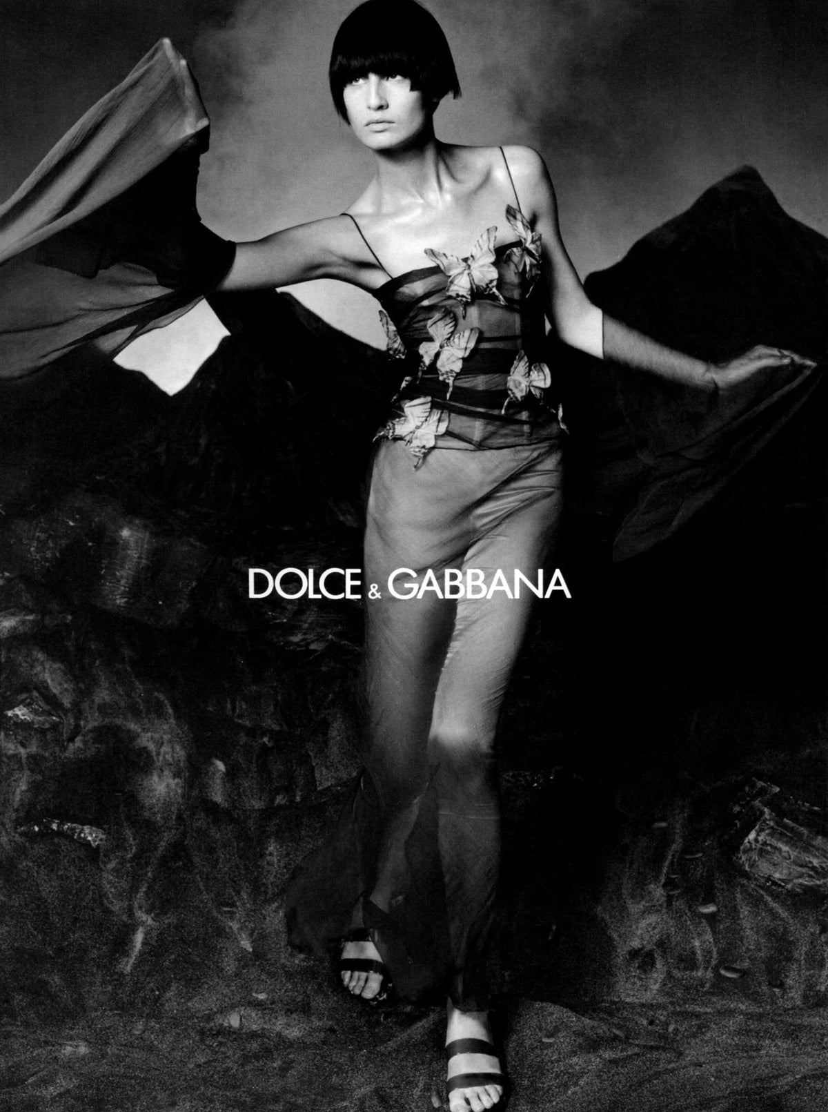 1998 Dolce &amp; Gabbana 'Stromboli Collection' Hand-Painted Butterflies Grey Sheer Silk Corset Gown