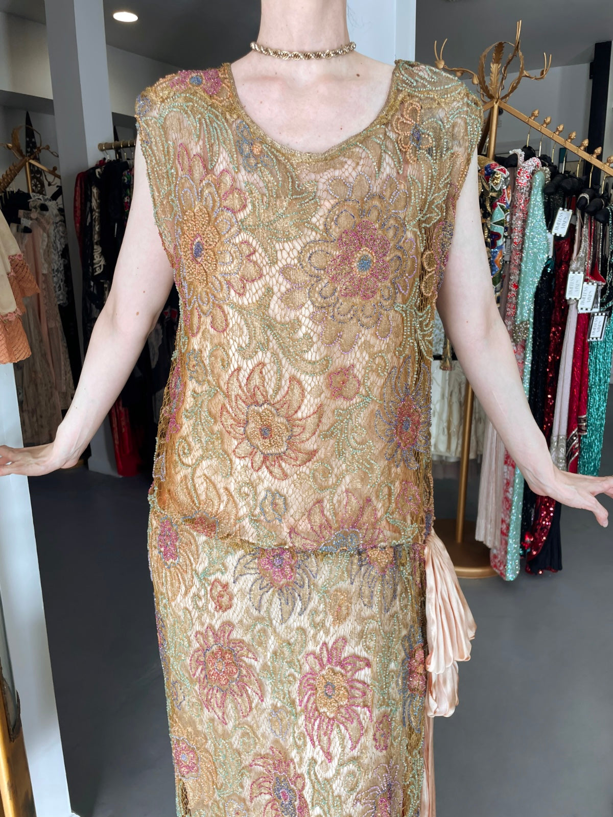 1920&#39;s French Couture Colorful Beaded Metallic Lamè Lace &amp; Pink Silk Dress