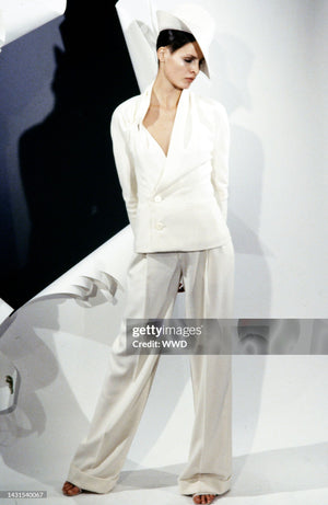 1999 Christian Dior by John Galliano Ivory Logo-Print Silk Enamel Buttons Pantsuit
