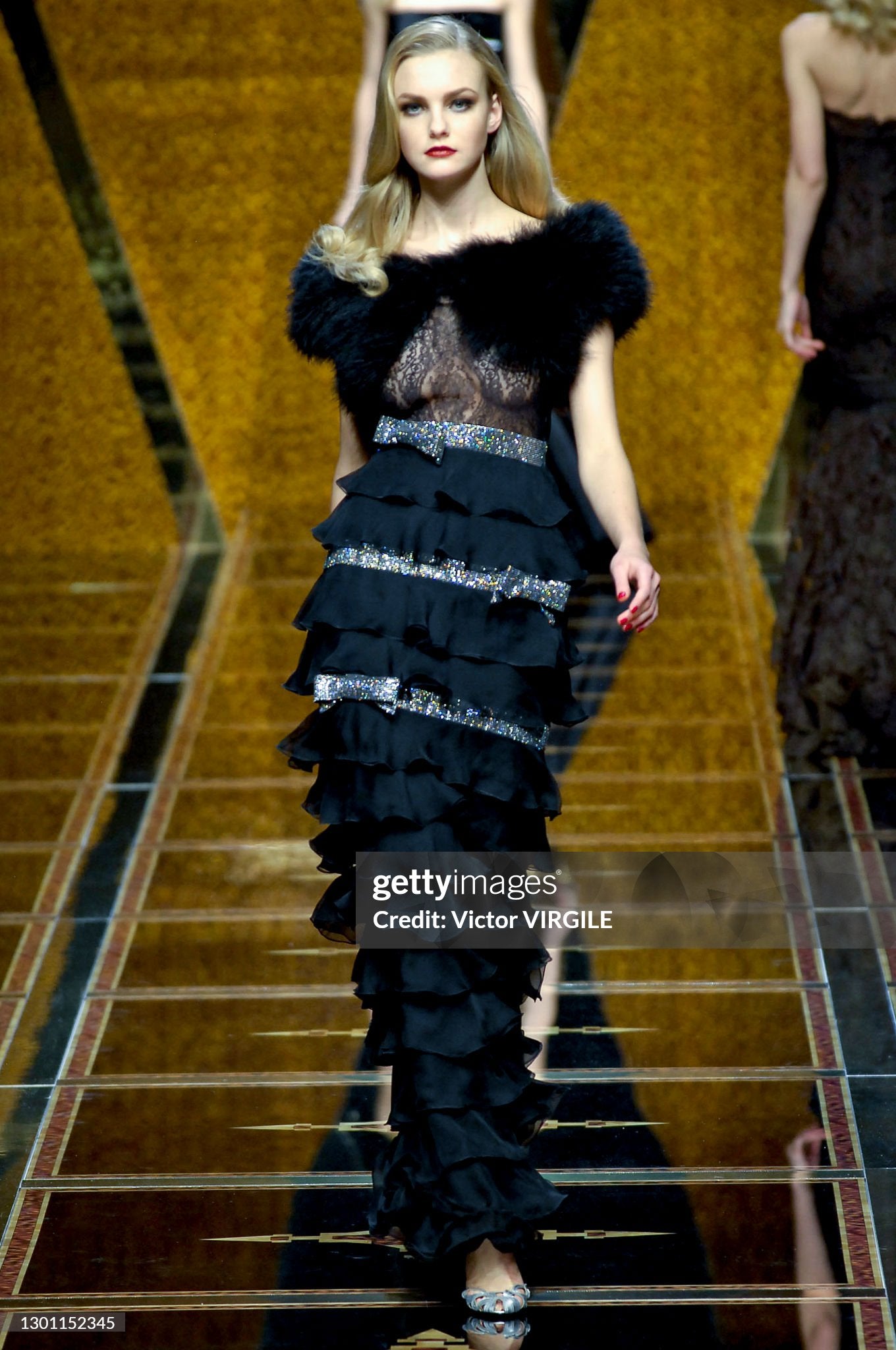 2007 Valentino Runway Black Sheer Silk & Lace Illusion Crystal-Bows Tiered Gown