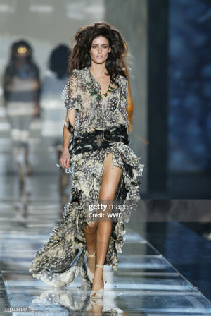 2004 Roberto Cavalli Feather Print Silk Halter Cut-Out Tiered Ruffle Bias-Cut Gown