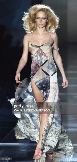 2004 Roberto Cavalli Feather Print Silk Halter Cut-Out Tiered Ruffle Bias-Cut Gown