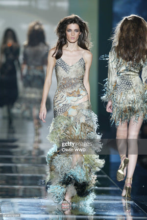 2004 Roberto Cavalli Feather Print Silk Halter Cut-Out Tiered Ruffle Bias-Cut Gown