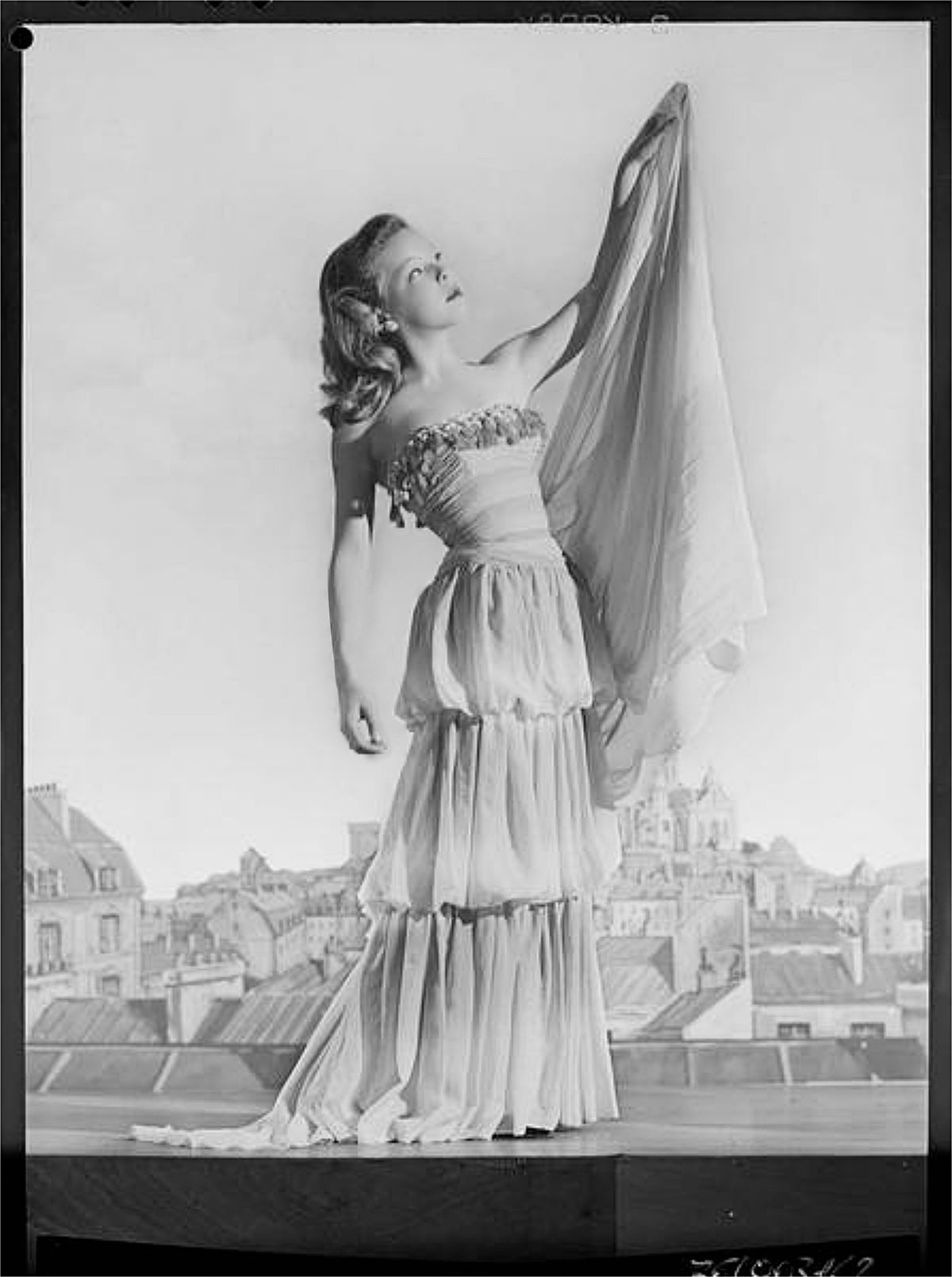 1950 Carven Haute Couture for Cécile Aubry Lilac Yellow Ombré Silk Corset Strapless Hooded Gown