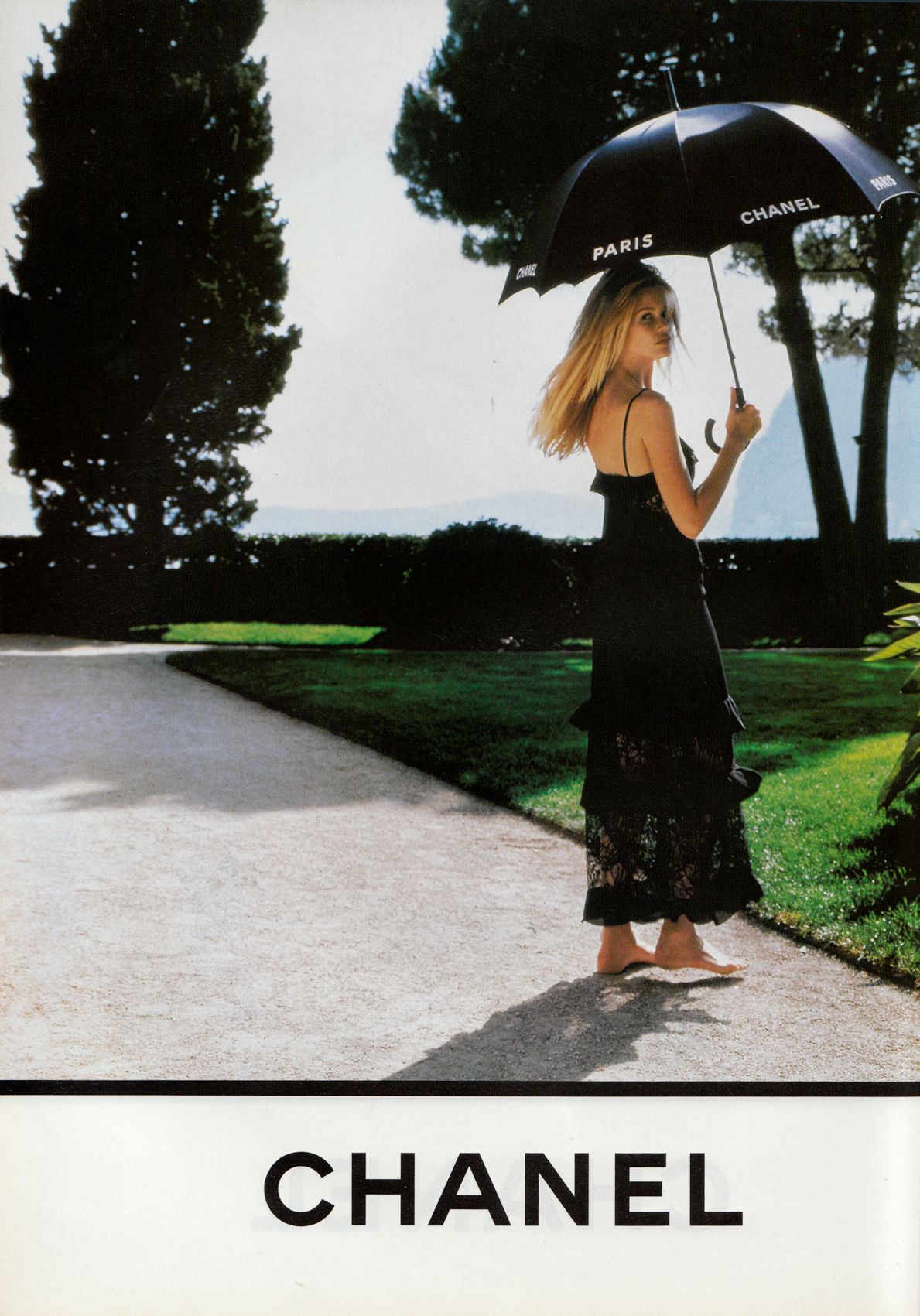 1994 Chanel by Karl Lagerfeld Cruise Collection Sheer Black Lace Ruffle-Trim Lingerie Gown