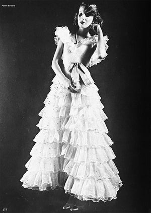 1975 Chanel Haute Couture White Dotted Organza Off-Shoulder Tiered Ruffle Gown