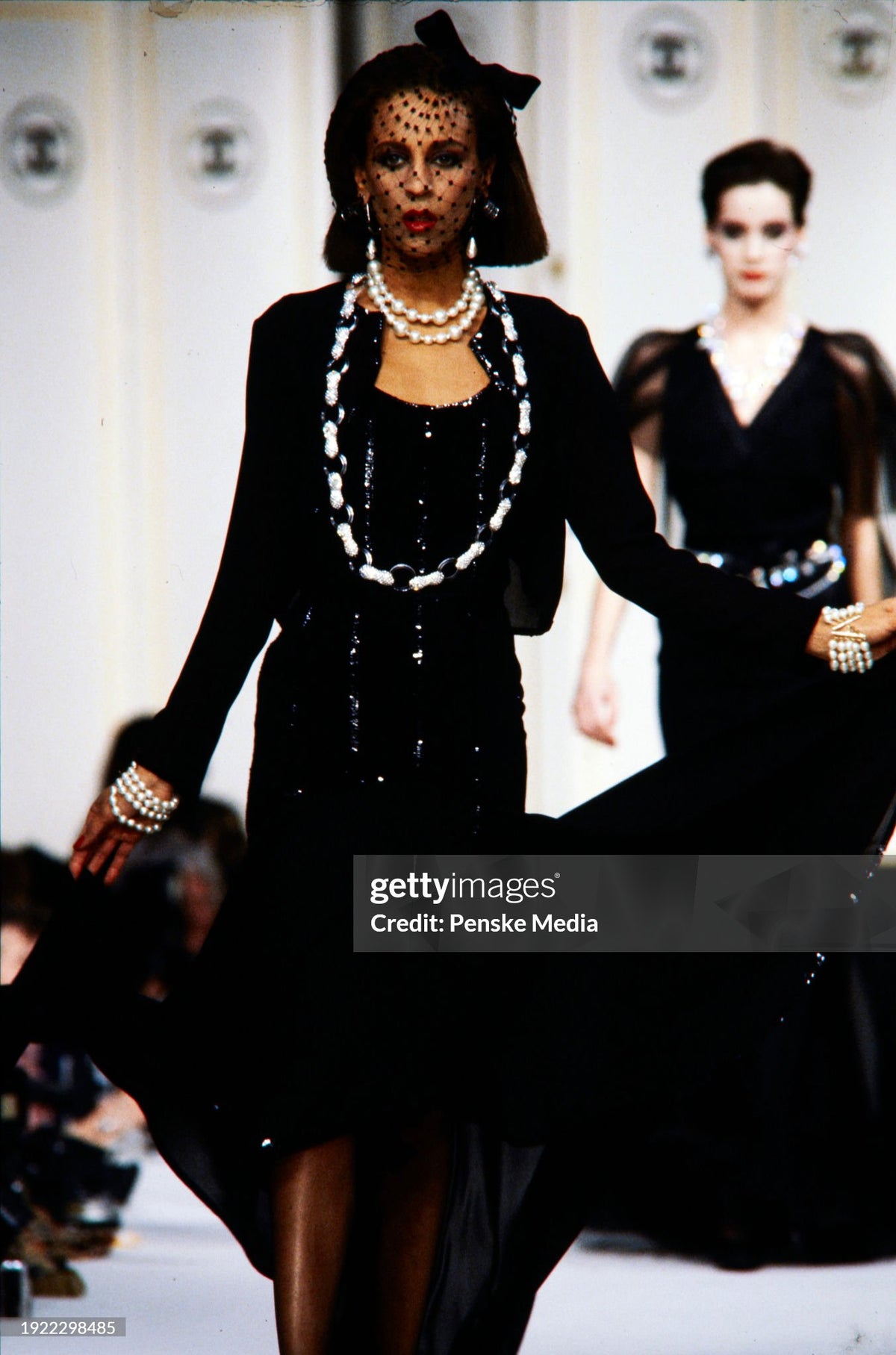 1983 Chanel by Karl Lagerfeld Sequin Pleated Black Silk Crepe High-Low Gown w/ Matching Jacket