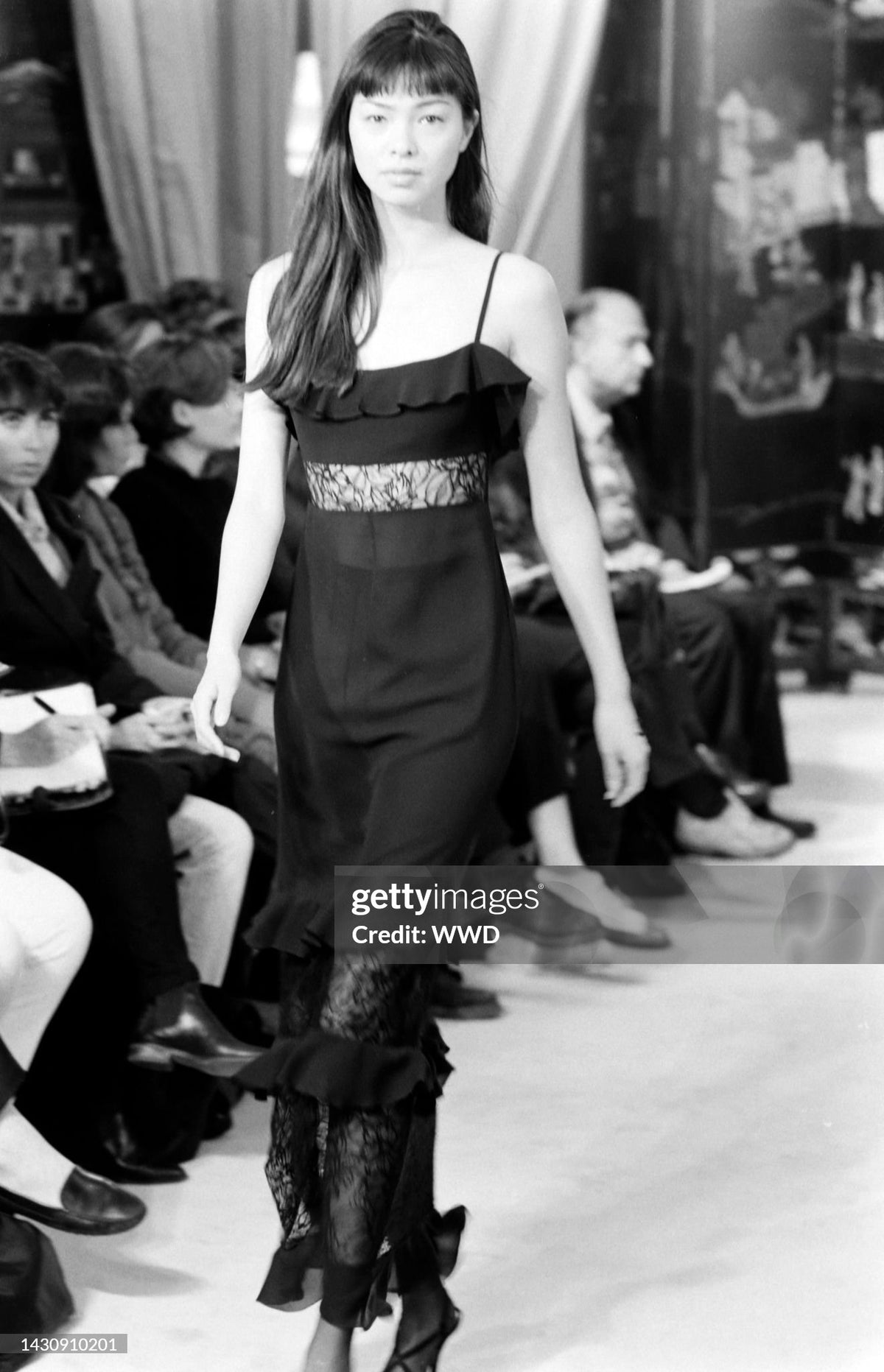 1994 Chanel by Karl Lagerfeld Cruise Collection Sheer Black Lace Ruffle-Trim Lingerie Gown