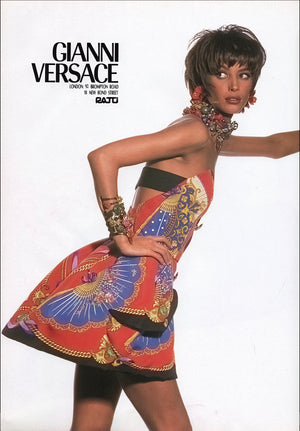 1991 Gianni Versace Documented Runway Baroque Print Silk Strapless Mini Dress