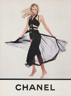 1995 Chanel by Karl Lagerfeld Iconic Runway Campaign Black Cut-Out High Slit Maxi Dress