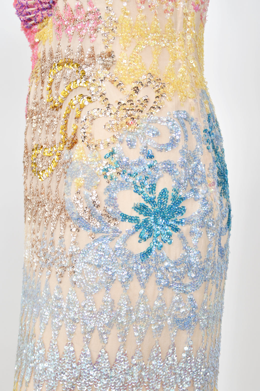 1990's Mike Benet Rainbow Sequin Silk Asymmetric Hourglass Versace-Like Gown