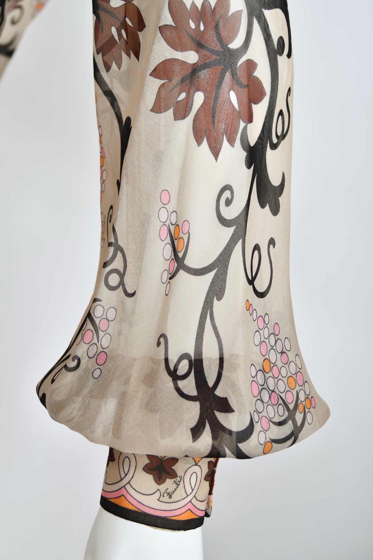 1972 Emilio Pucci Grapevine Motif Sheer Silk Organza Billow-Sleeve Maxi Dress