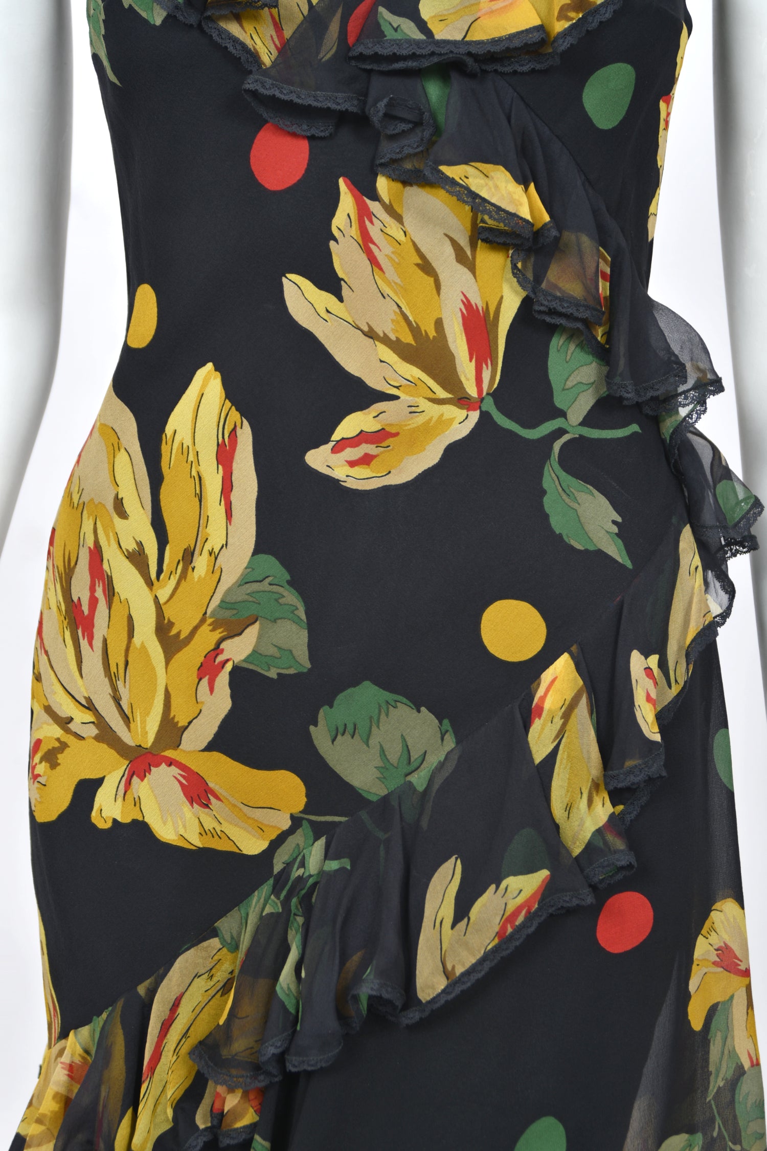 2004 John Galliano Deco Floral Lace Trimmed Bias-Cut Slip Dress