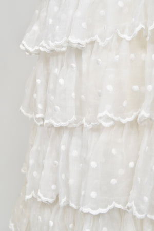 1975 Chanel Haute Couture White Dotted Organza Off-Shoulder Tiered Ruffle Gown