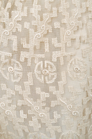 1920's French Cream Heavily Embroidered Deco Motif Filet Lace & Sheer Net Tea-Length Dress