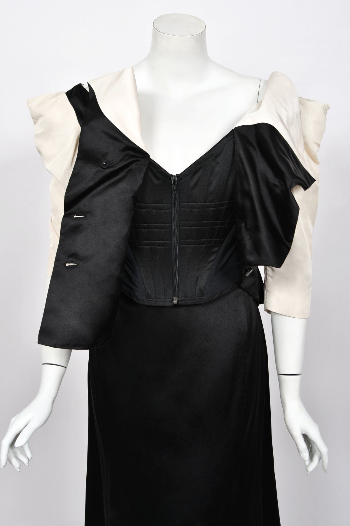 1999 Vivienne Westwood 'La Belle Helene' Collection Silk Off-Shoulder Corset Blouse & Full-Length Skirt Set