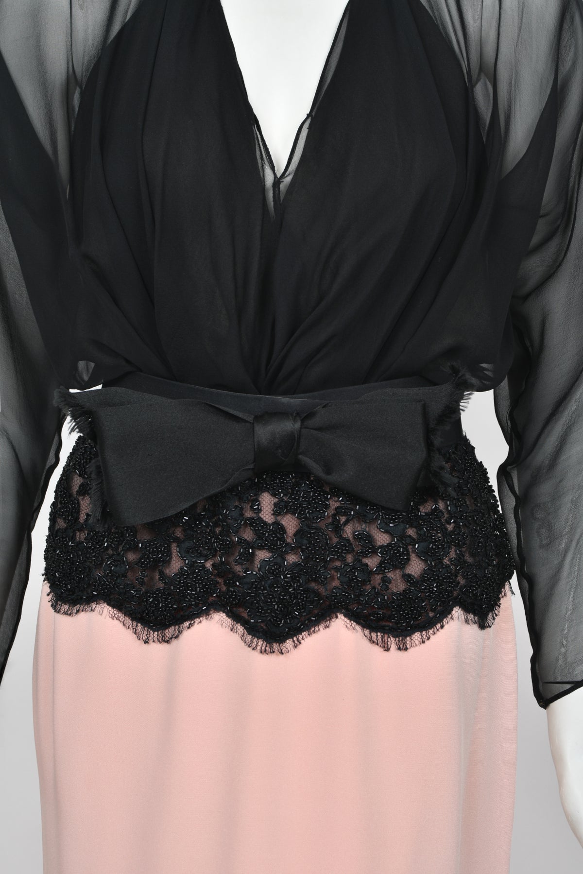 1986 Oscar de la Renta Documented Runway Black Sheer Chiffon &amp; Pink Silk Gown