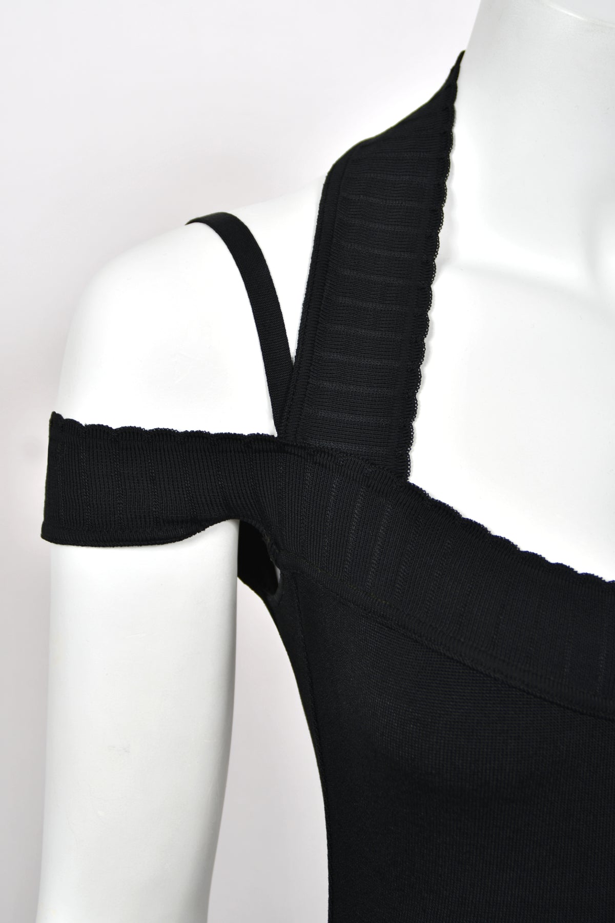 1992 Azzedine Alaia Black Stretch Knit Cold-Shoulder Halter Bodycon Maxi Dress