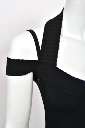 1992 Azzedine Alaia Black Stretch Knit Cold-Shoulder Halter Bodycon Maxi Dress
