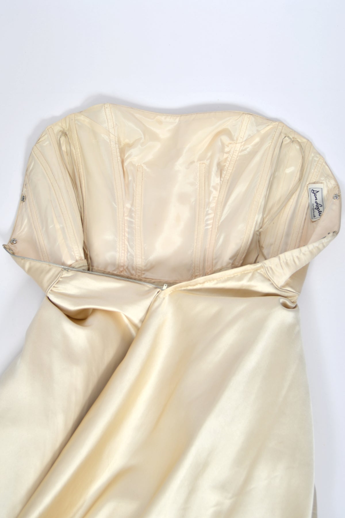 1950's Don Loper Couture Ivory Silk Satin Strapless Full-Skirted Dress w/ Detachable Cape