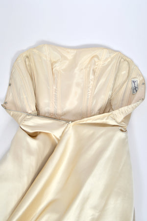 1950's Don Loper Couture Ivory Silk Satin Strapless Full-Skirted Dress w/ Detachable Cape