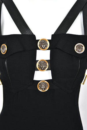 1992 Gianni Versace 'Miss S&M' Runway Collection Black Leather Bondage Wool Dress