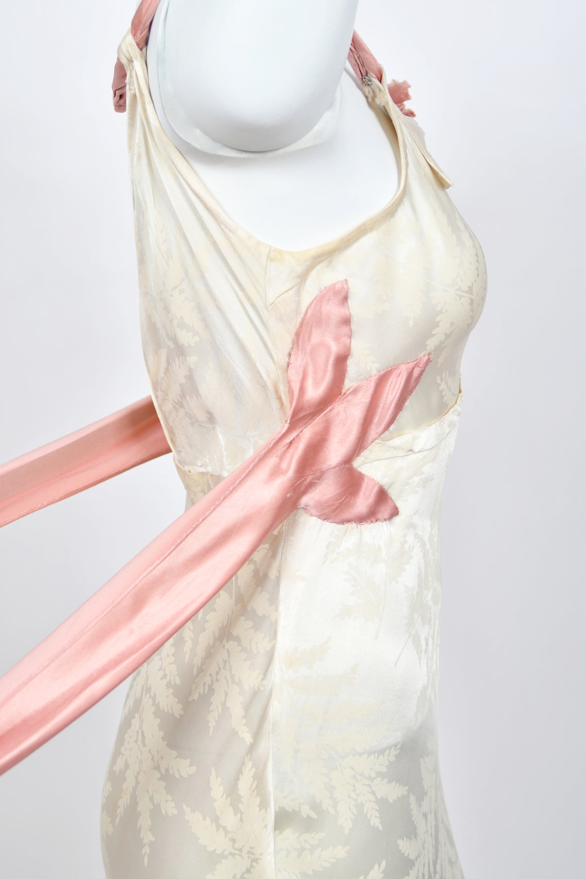 1930’s Ivory Leaf Motif & Blush Pink Silk Satin Floral Appliqué Bias-Cut Trained Couture Gown