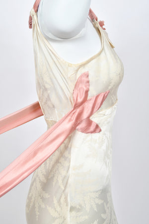 1930’s Ivory Leaf Motif & Blush Pink Silk Satin Floral Appliqué Bias-Cut Trained Couture Gown