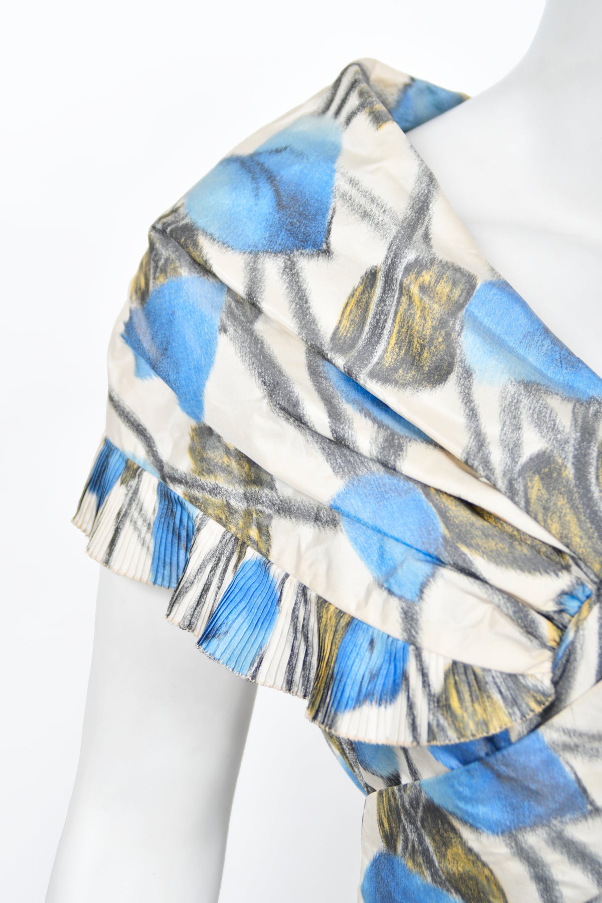 1956 Christian Dior Couture Blue Floral Silk Portrait Collar New Look Dress