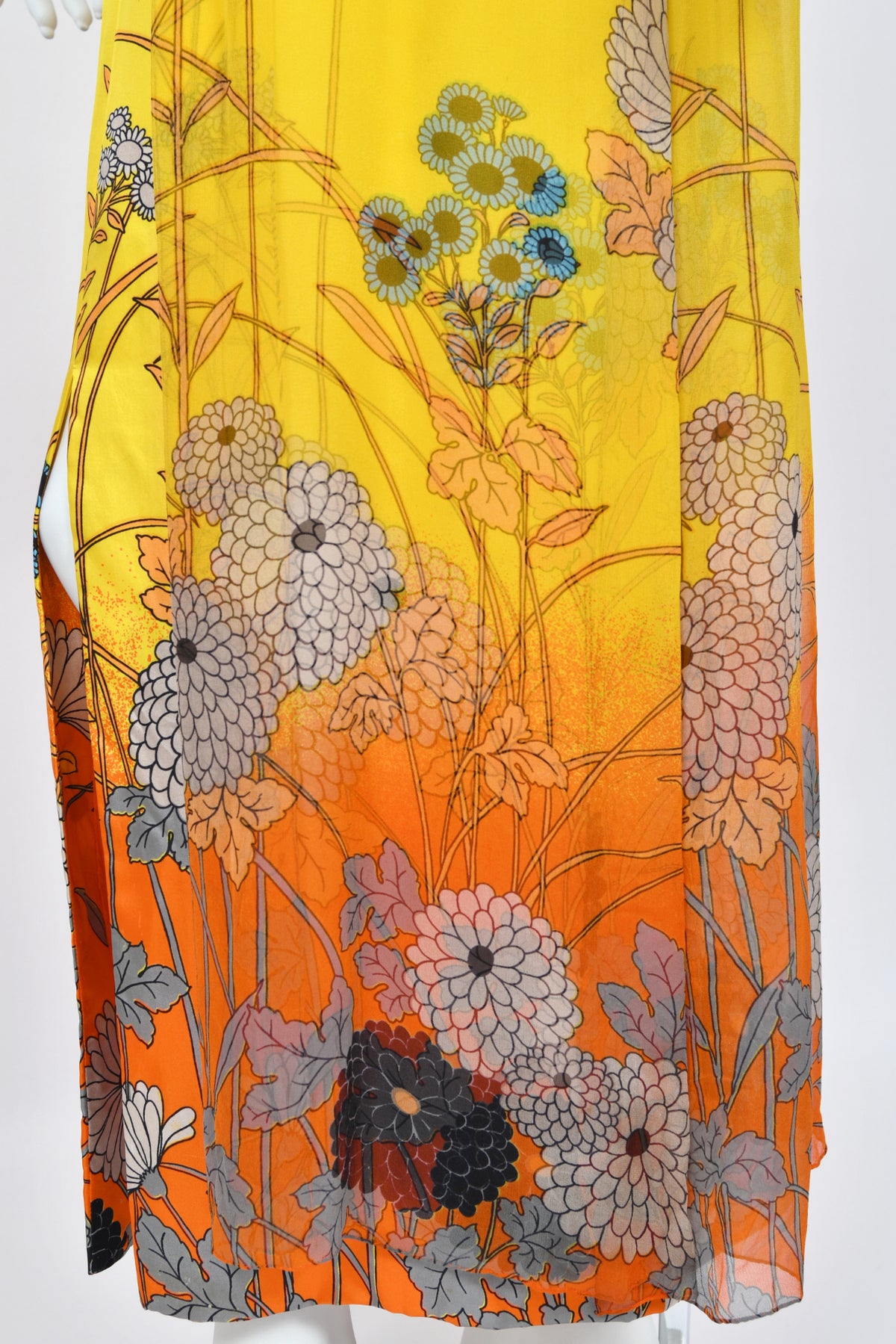 1972 Hanae Mori Couture Vogue Editorial Sunset Ombrè Floral Silk Gown & Matching Sheer Jacket