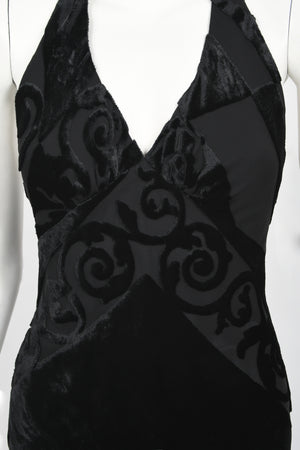 1997 Galindo Couture Black Devoré Velvet Bias-Cut Halter Trained Gown