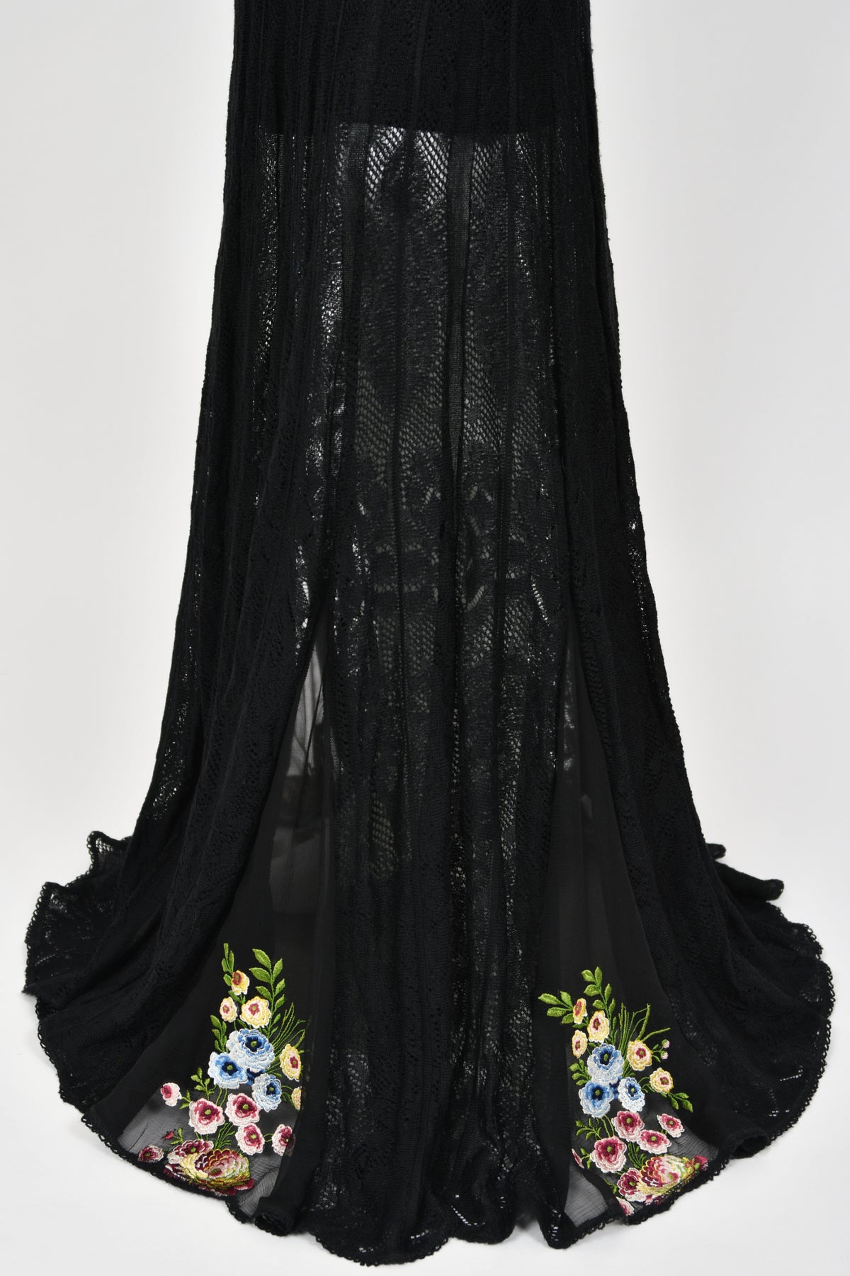 2003 John Galliano Embroidered Floral Sheer Black Pointelle Stretch Knit Bias-Cut Gown