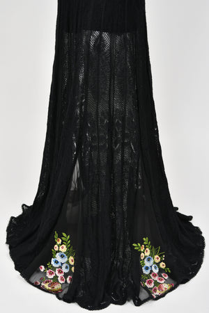 2003 John Galliano Embroidered Floral Sheer Black Pointelle Stretch Knit Bias-Cut Gown