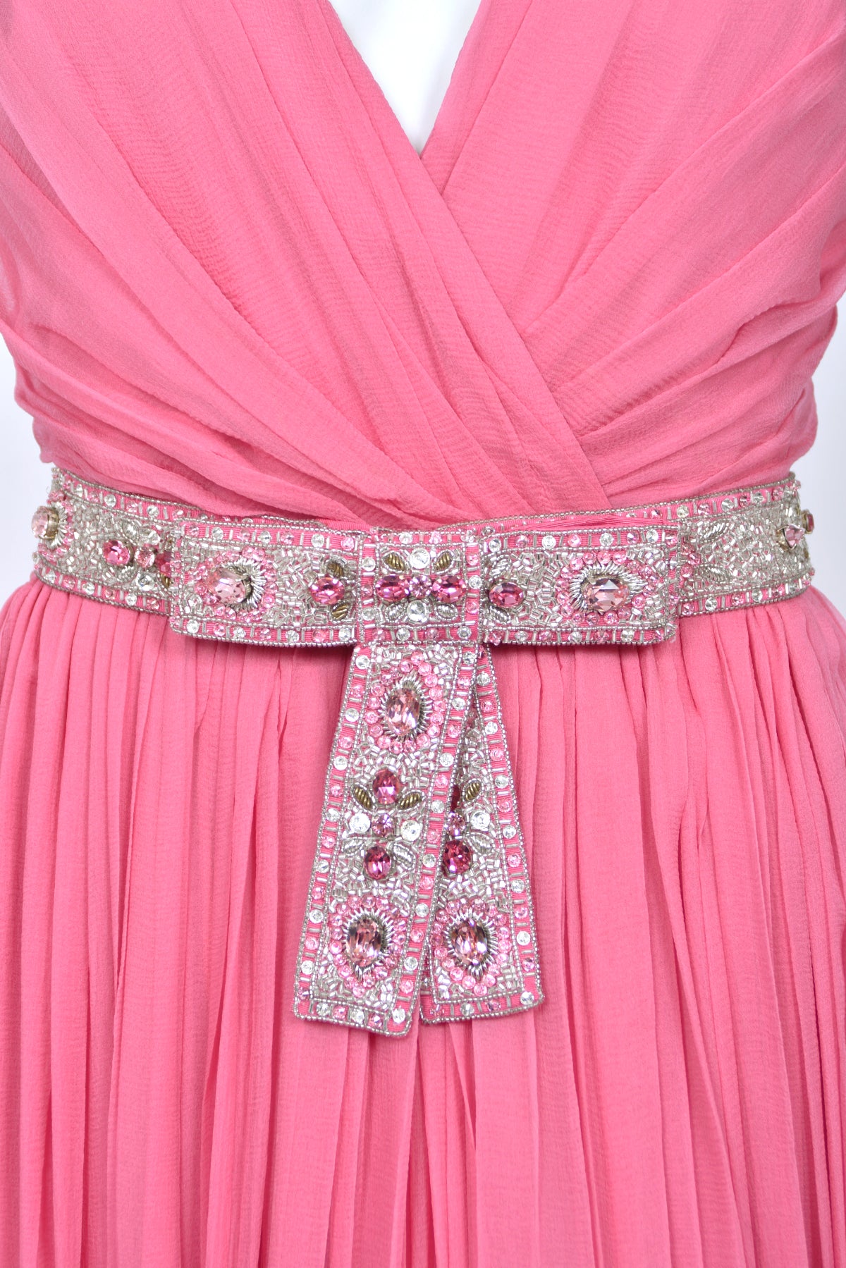 2008 Christian Dior by John Galliano Resort Pink Silk Low-Cut Jeweled Belt Pleated Gown