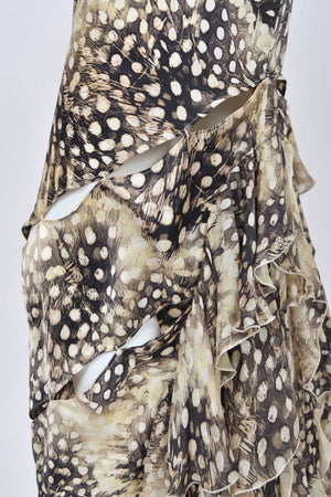 2004 Roberto Cavalli Feather Print Silk Halter Cut-Out Tiered Ruffle Bias-Cut Gown
